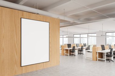 İş odası manzarası, masalar, bilgisayarlar, beton zemin. Bangkok gökdelenlerinde panoramik pencereli takım işyeri. Uzay tuvali posterini kopyala. 3B görüntüleme