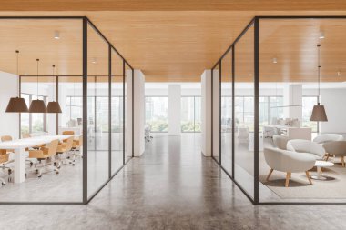 Cam bölmeli modern bir açık uzay ofisi. Şehir manzarası geniş pencereli toplantı alanları ve çalışma yerlerinin oda karışımı. Çağdaş iş alanı kavramı. 3B Hazırlama.