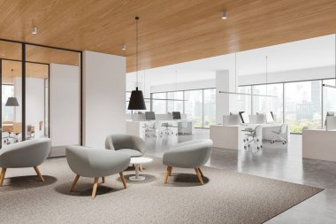 Ofisin iç tarafının köşesindeki koltuklu gevşeme bölgesi. Cam toplantı odası ve bilgisayar koltukları sıra sıra sıralarda. Bangkok gökdelenlerinin panoramik penceresi. 3B görüntüleme