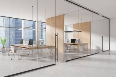 Beyaz ve ahşap ofis manzarası, bilgisayar, sandalye ve masa paylaşımı. Singapur gökdelenlerinin panoramik pencereleriyle şık bir çalışma. 3B görüntüleme