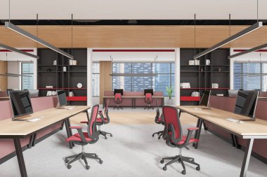 Samimi ahşap ofis içi. Sıraya dizilmiş bilgisayarları var. Ortak çalışma alanı ve dekorasyonlu raf. Singapur gökdelenlerinin panoramik penceresi. 3B görüntüleme