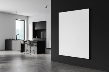 Ev mutfağının iç mekan manzarası, sandalyeler, beton zeminde yemek pişirme dolabı. Duvar bölmesindeki tuval posterini taklit et. Gökdelenlerin panoramik penceresi. 3B görüntüleme