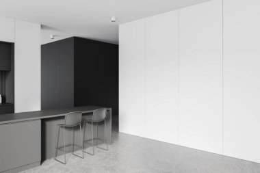 Parlak, karanlık bir mutfak adası ve iki sandalyesi olan modern bir iç mekan. Arkaplan boş beyaz bir duvar içerir, modeller veya dizayn şablonları için idealdir. 3B Hazırlama.