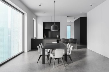 Siyah-beyaz mutfak, yemek masası, sandalyeler ve beton zemin üzerinde bar adası. Yeme ve pişirme alanı, Singapur gökdelenlerinde panoramik pencere. 3B görüntüleme