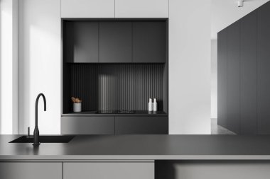 Beyaz ve siyah mutfak tezgahı lavabosu, elektrikli sobası ve mutfak gereçleri olan dolap rafları. Lüks bir dairede şık bir aşçılık alanı. 3B görüntüleme