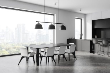 Şehir manzarası olan geniş bir penceresi olan modern bir mutfak iç mimarisi. Tarafsız renkleri ve parlak mobilyaları olan minimalist tasarım. 3B Hazırlama