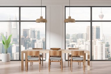 Klasik oturma odası. Yemek masası, sandalyeler, ahşap döşeme. Bitkilerle yemek yemek ya da buluşmak. Kuala Lumpur gökdelenlerinin panoramik penceresi. 3B görüntüleme