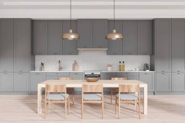 Modern mutfak, parlak gri dolaplar ve ahşap yemek masası. Parlak ve temiz bir geçmişi var. Çağdaş ev dekoru kavramı. 3B Hazırlama