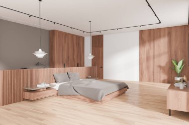 Yatak odası, zemin ve duvar panelleri de dahil olmak üzere ahşap elementlerin yer aldığı modern bir yatak odası resmi. Nötr renklerle minimalist tasarım. 3B Hazırlama
