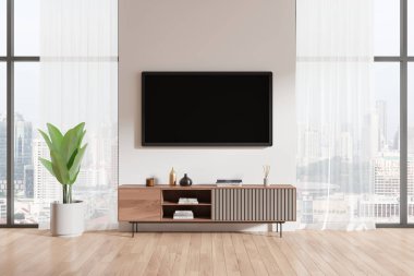 Bej renkli oturma odası, duvarında televizyon olan, ahşap zeminde sanat süslemeleri olan bir büfe. Kuala Lumpur gökdelenlerinin panoramik penceresi. 3B görüntüleme