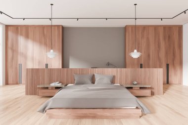 Ahşap otel odasının içi yatak odası, komodin, kitaplar ve lambalar. Modern dairede aksan duvarı, gardırop ve ahşap döşemeli uyku alanı. 3B görüntüleme