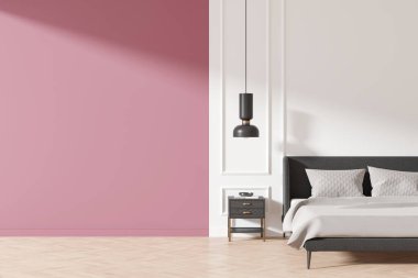 Beyaz ve pembe yatak odaları parke zeminde. Komodinli ve dekorasyonlu rahat bir uyku odası. Boşluk duvarını kopyala. 3B görüntüleme