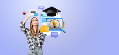 Ciddi öğrenci elleri web pencerelerine dokunuyor, mezuniyet şapkası boş mor arka planda. Çevrimiçi eğitim, üniversite, iletişim ve meslek seçimi kavramı