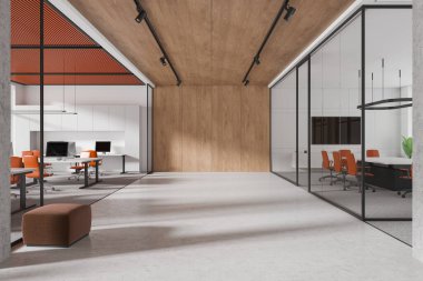 Cam toplantı odası, televizyon ekranı, koridor ve bilgisayarlarla dolu çalışma alanı olan modern ofis içi. Yumuşak pouf 'lu iş koridoru. 3B görüntüleme