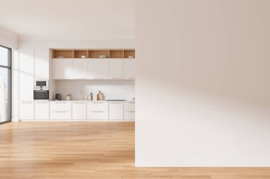 Dolap, mutfak gereçleri ve fırın duvarı monte edilmiş klasik beyaz ev mutfağı. Gökdelenlerde panoramik pencereli şık yemek alanları. Boş duvar bölmesini düzenle. 3B görüntüleme