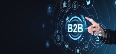 Çeşitli simgeler ve grafiklerle B2B ağını gösteren iş konsepti. Karanlık bir arka planda fütürist bir tarz. İş, teknoloji ve işbirliğini temsil ediyor