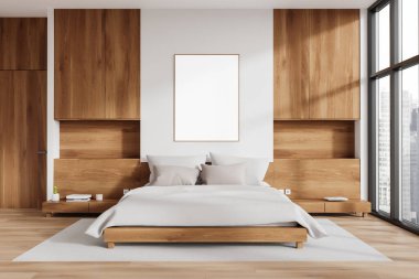 Şık bir yatak odası iç yatak odası dekoratif bir komodin, ahşap döşemeli bir halı. Şehrin gökdelenlerinin panoramik penceresi. Tuvalin posterini hazırla. 3B görüntüleme