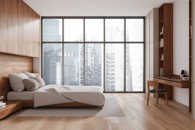 Ev yatak odası, iş yeri, sandalye ve dizüstü bilgisayar, ahşap döşeme. Masalı rahat bir oda ve kitaplarla dolu bir raf. Gökdelenlerin panoramik penceresi. 3B görüntüleme