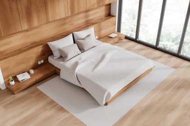 Otelin yatak odası manzarası yatak odası, hafif çarşaf ve dekoratif komodin, ahşap döşemeli halı. Tropik bölgelerde panoramik pencereli tahta bir uyku köşesi. 3B görüntüleme