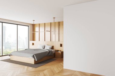 Geniş pencereli modern bir yatak odası, ahşap bir duvar ve yatağın yanında boş beyaz bir duvar. Duvar modeli ya da tasarım şablonu için mükemmel. 3B Hazırlama