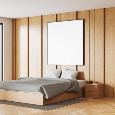 Otel odası manzaralı iç yatak ve dekorasyonlu komodin. Ahşap bir yatak odası, ahşap duvarda kare bez bir poster, ahşap zemin. 3B görüntüleme