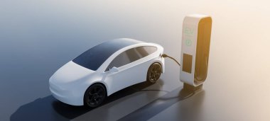 Arka planda EV istasyonu olan fütüristik elektrikli arabanın yan görüntüsü. Melez gücü, alternatif yakıt ve gelecekteki şarj kavramı. 3B resimleme