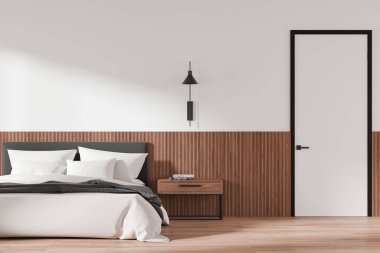 Beyaz ve ahşap otel odasının içi yatak odası, beyaz çarşaflar, ahşap zemin süslemeli komodin. Giriş kapısı olan minimalist uyku odası. 3B görüntüleme