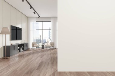 Model amaçlı boş bir duvar, televizyon, mobilya ve şehrin arka planını gösteren büyük pencereli modern oturma odası. 3B Hazırlama