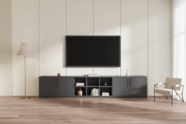 Minimalist ev oturma odasının içinde koltuk ve lamba parke zeminde. Dekorasyonlu televizyon ve çekmece. Modern dairede şık ve rahat bir yer. 3B görüntüleme