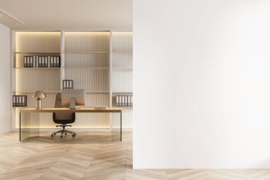 Modern ofis içi bilgisayar ahşap masada, koltuk da ahşap zeminde. Raflı ve dokümanlı şık bir danışma odası. Boş duvar bölmesini düzenle. 3B görüntüleme