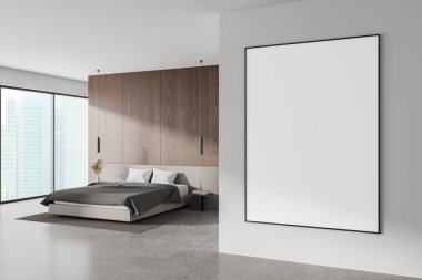 Ev yatak odası iç yatak odası manzarası gökdelenlerin panoramik penceresi minimalist dekorasyonlu komodin. Bölümdeki tuval posterini taklit et. 3B görüntüleme