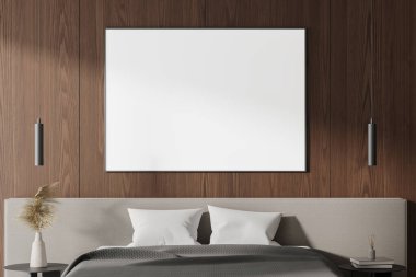 Minimalist, karanlık bir otel odası. Yatak odası, komodin, dekorasyon ve lambalar. Rahat bir uyku odasına yakın çekim yapmak ve ahşap duvardaki tuval posterini taklit etmek. 3B görüntüleme