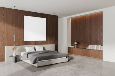 Modern ev yatak odasının köşesi iç yatak ve büfe dekorasyonu, beton zeminde halı. Kare bez posteriyle rahatlatıcı bir köşe. 3B görüntüleme