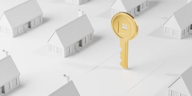 A golden house key is prominently displayed among white miniature houses on a plain background. 3D Rendering. Concept of real estate, home ownership, and mortgage clipart