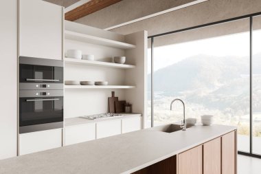 Gösterişli dolaplar, açık raflar ve manzaralı geniş bir pencereyle modern bir mutfak. Minimalist tasarım, temiz çizgiler ve nötr renkler. 3B Hazırlama