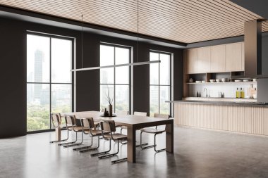 Bar adasıyla ev mutfağı manzarası, yemek masası ve sandalyeler. Mutfak malzemeleriyle ahşap mutfak dolabı. Bangkok gökdelenlerinin panoramik penceresi. 3B görüntüleme