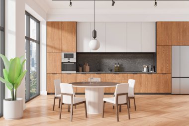 Ahşap mutfak, yemek masası, sandalyeler, gökdelenlerin panoramik penceresi. Dolap ve buzdolabı ile yemek pişirme ve yeme alanı. 3B görüntüleme