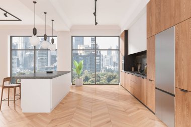 Bar adası, koltukları ve ahşap zemini olan bir ev mutfağı. Yer, beyaz ahşap ahşap mutfak dolabı ve buzdolabı. Gökdelenlerin panoramik penceresi. 3B görüntüleme