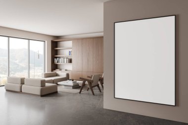 Duvarında boş poster olan modern oturma odası. Minimalist mobilyalar ve ahşap raflar. Doğal ışığı olan büyük pencereler. 3B Hazırlama
