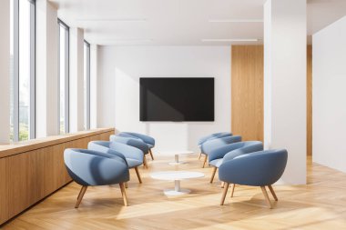 Beyaz ve ahşap ofis içinde mavi koltuklar, ahşap zeminde sıra sıra kahve masaları. Bangkok gökdelenlerinde televizyon ekranı ve panoramik pencere. 3B görüntüleme