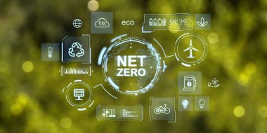 Dünya küresi hologramı ve parlayan ağ sıfır Hud, bulanık arkaplanda parlayan farklı ekolojik simgeler. Eko dünyası, karbon emisyonu ve enerji kavramı