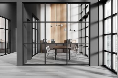 Büyük pencereli ve şehir manzaralı modern ofis odası. Cam duvarı, minimalist tasarımı ve doğal ışıklandırması olan açık bir alan. 3B Hazırlama