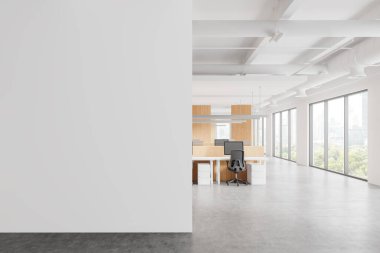 Beyaz ofis içi bilgisayar, sandalye ve masa, beton zemin. Bangkok gökdelenlerinde panoramik pencereli rahat bir çalışma alanı. Boş duvar bölmesini düzenle. 3B görüntüleme