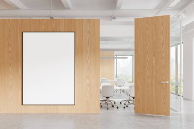 Bir toplantı odasını gösteren açık kapısı olan modern bir ofis. Ahşap duvara boş bir poster asılıyor, iş ve iş dünyası kavramının arka planında şehir manzarası var. 3B Hazırlama