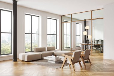 Ofis manzarası kanepe ve sehpalı koltuklar. Bilgisayarı ve rafı olan cam danışma odası. Bangkok gökdelenlerinin panoramik penceresi. 3B görüntüleme