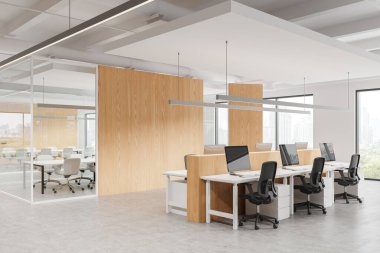 Geniş, modern, ahşap bölümleri, geniş pencereleri ve ergonomik mobilyaları olan bir uzay ofisi. Şehir manzarası geçmişi. Ortak çalışma alanı kavramı. 3B Hazırlama
