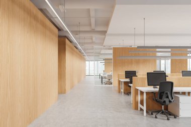 Çalışma alanı beyaz ve ahşap ofis, sıralarda bilgisayar ve koltuklar var. Cam konferans odası ve gökdelenlerin panoramik penceresi. 3B görüntüleme