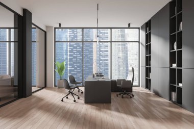 Geniş pencereli modern ofis, ahşap zemin ve minimalist tasarım. Çağdaş mobilyalar, şehir manzarası. İş yeri kavramı. 3B Hazırlama