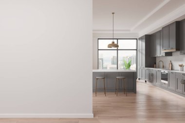 Klasik ev mutfağı. Bar adası, ahşap zemin. Kuala Lumpur 'da panoramik pencereli yemek dolabı ve yemek odası. Boş duvar bölmesini düzenle. 3B görüntüleme