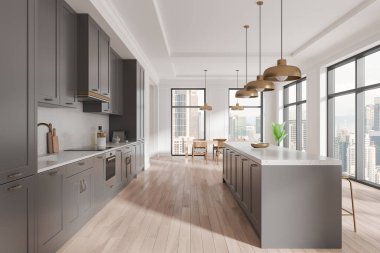 Bar adası, yemek masası, ahşap döşemeli geleneksel ev mutfağı. Yemek dolabı ve yemek odası. Kuala Lumpur 'un panoramik penceresi. 3B görüntüleme